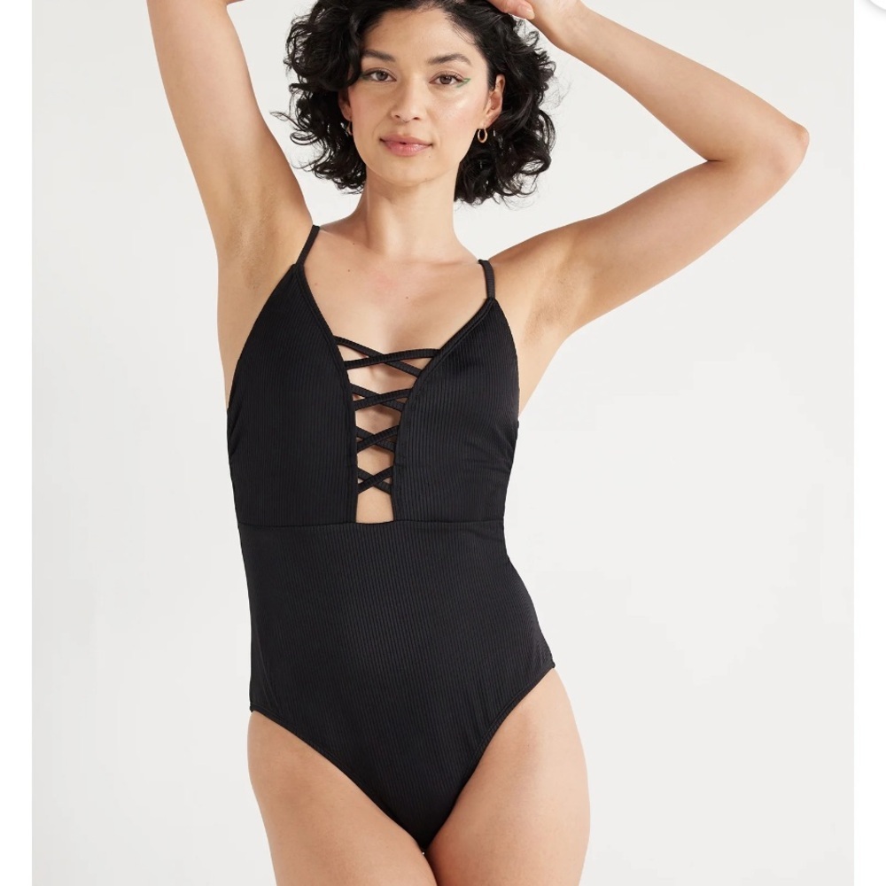 No Boundaries Ribbed Lace Up One-Piece Swimsuit